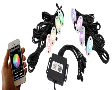 Race Sport Lighting 8-LED Glow Pod Black Kit, Smartphone Controlled W/ ColorSMART Brain Box, IP68 12V & All Hardware